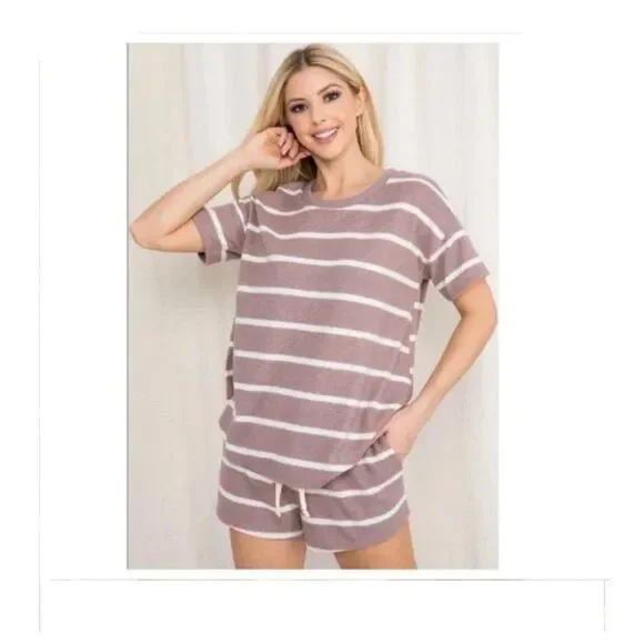 Mocha Short Sleeve Striped Top and Short Set  Sizes M-L-XL - Picture 6 of 7